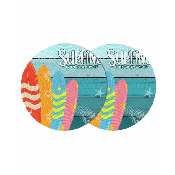 Surfboard Round Placemats Set of 2 for Dinning Tables,Heat-proof Braided Table Mats 13 Inch,Summer Starfish Palm Leaf Wood Grain Blue Washable Place Mat for Kitchen Restaurant Party Table Decor