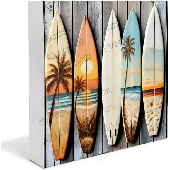 Surfboard Rustic Farmhouse Wooden Box Sign Desk Decor Decorative Sign for Table Shelf Summer Decor Gift for Beach Lovers Surfer 5"x5"