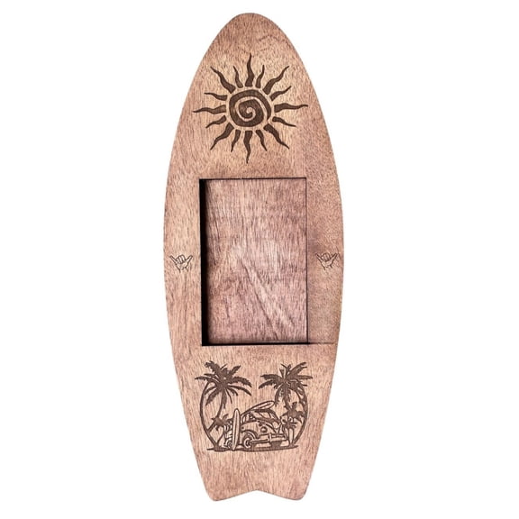 Surfboard Rustic Wooden Picture Frame 6x16 Holds 5x7 Photo, Beach Decor, Engraved Coastal Wall Frame with Acrylic Plate & Wall Mount