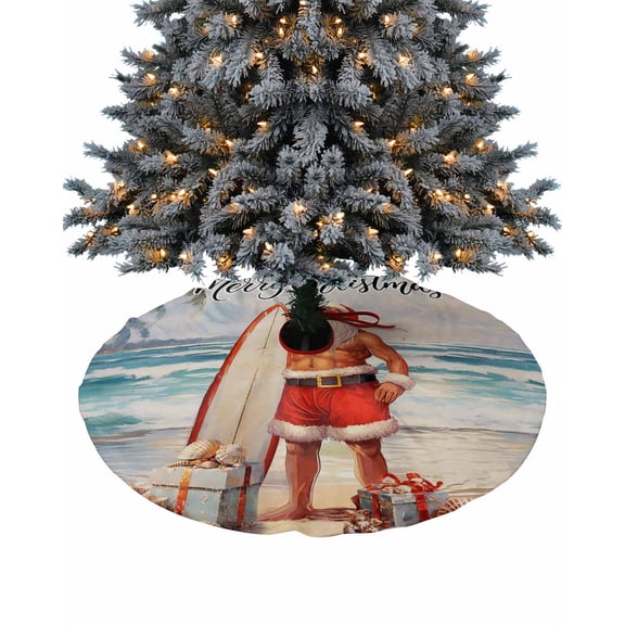 Surfboard Santa Christmas Christmas Tree Skirt 48 Inches Large Christmas Skirt Tree, Coastal Nautical Beach Shell Tree Skirt Christmas Decorations for Fireplace Party Holidays Indoor Outdoor