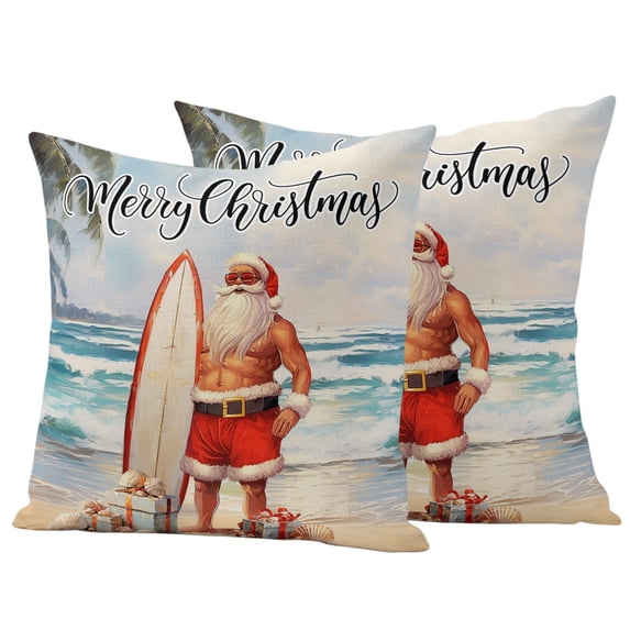 Surfboard Santa Christmas Outdoor Pillow Covers 20"x20" Set of 2,Waterproof Throw Pillow Covers for Patio Furniture,Coastal Nautical Beach Shell Decorative Cushion Pillowcases for Garden Couch Sofa
