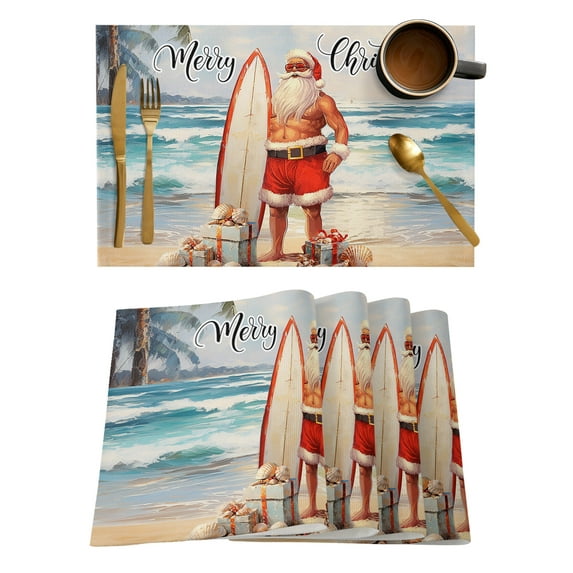 Surfboard Santa Christmas Placemats Set of 6, Coastal Nautical Beach Shell Placemats for Dining Table, Place Mats for Kitchen Tabletop, Waterproof Wipeable Dining Table Mats Set