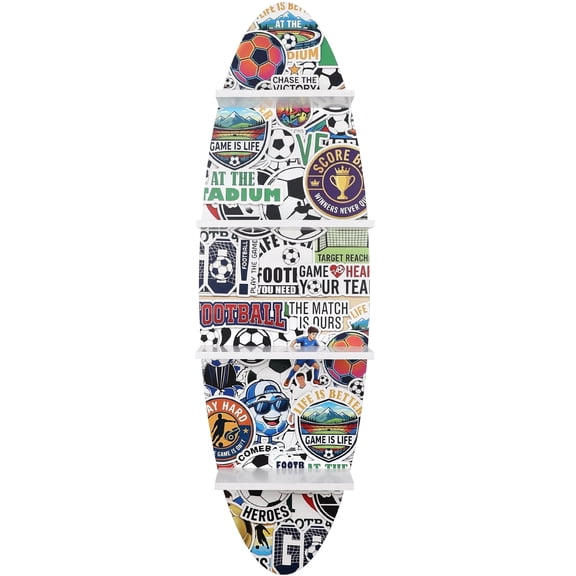 Surfboard Shaped Floating Wall Shelf, 5 Tier Soccer Football Sticker Trophy Display Rack, 52 in Tall Sports Memorabilia Wall Mount Ledges Decor for Teen Boy Bedroom Game Room, Gift for Soccer Fans