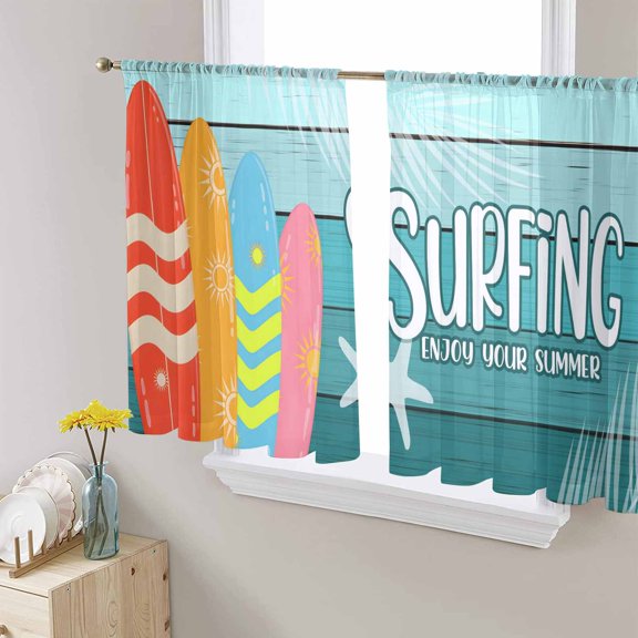 Surfboard Sheer Curtains 54 Inches Length 2 Panels Set, Window Sheer Curtains for Living Room/Bedroom, Summer Starfish Palm Leaf Wood Grain Blue Light Filtering Rod Pocket Curtain 52'' x 54'' x 2