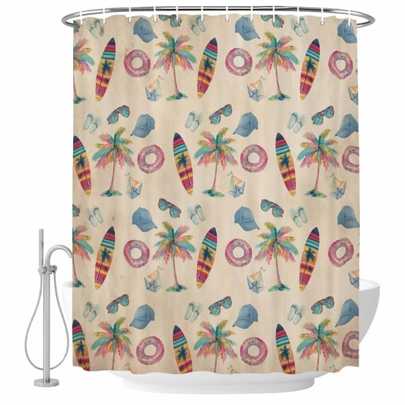 Surfboard Shower Curtain Set with Hooks, Summer Retro Tropical Coconut Tree Hat Swim Ring Glasses Water Repellent Shower Curtains for Bathroom Decor Sturdy Shower Curtain, Machine Washable 36x72 Inch