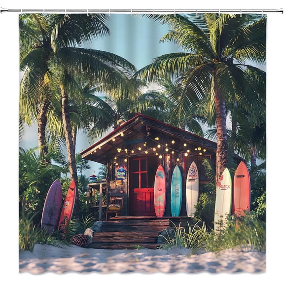 Surfboard Shower Curtain Tropical Ocean Beach Palm Tree Hawaii Seaside Cabin Surfing Summer Bathroom Curtain Set with Hooks-36"W x 72"L (Pack of 1)
