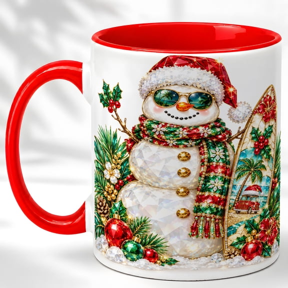 Surfboard Snowman Coffee Mug, Tropical Christmas Mug, Ceramic Cup 11oz