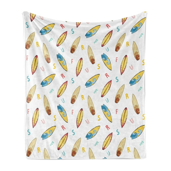 Surfboard Soft Flannel Fleece Blanket, Hand Drawn Sketch Style Longboard with Colorful Letters Hipster Nautical Holiday, Cozy Plush for Indoor and Outdoor Use, 50" x 70", Multicolor, by Ambesonne