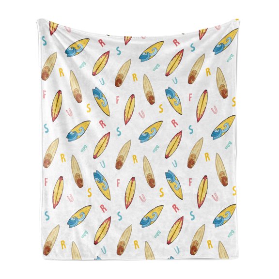 Surfboard Soft Flannel Fleece Blanket, Hand Drawn Sketch Style Longboard with Colorful Letters Hipster Nautical Holiday, Cozy Plush for Indoor and Outdoor Use, 50" x 70", Multicolor, by Ambesonne