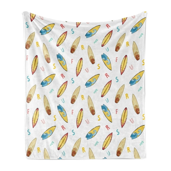 Surfboard Soft Flannel Fleece Blanket, Hand Drawn Sketch Style Longboard with Colorful Letters Hipster Nautical Holiday, Cozy Plush for Indoor and Outdoor Use, 70" x 90", Multicolor, by Ambesonne