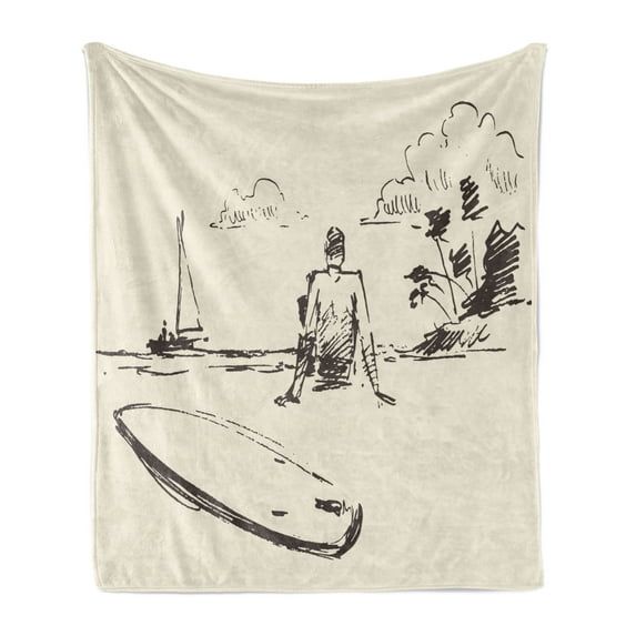Surfboard Soft Flannel Fleece Blanket, Hand Sketched Young Man Figure on Beach Coast Alongside Surfing Item, Cozy Plush for Indoor and Outdoor Use, 50" x 60", Eggshell and Dark Taupe, by Ambesonne
