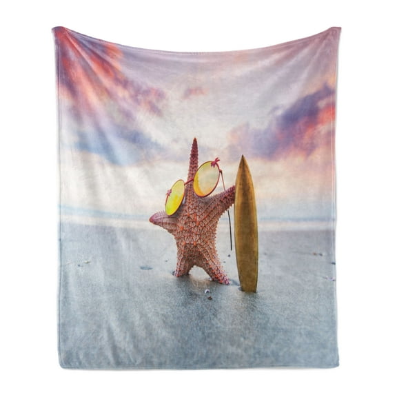 Surfboard Soft Flannel Fleece Blanket, Starfish Surfer on Tropic Sandy Beach Alongside Exotic Summery Sunset Composition, Cozy Plush for Indoor and Outdoor Use, 70" x 90", Multicolor, by Ambesonne