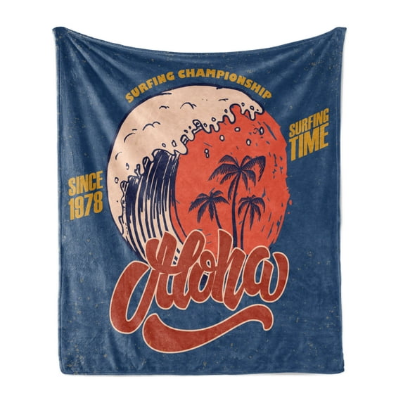 Surfboard Soft Flannel Fleece Blanket, Surfing Related Lettering and Cartoon Retro Waves Palm Trees Layout, Cozy Plush for Indoor and Outdoor Use, 50" x 60", Dark Sky Blue Multicolor, by Ambesonne