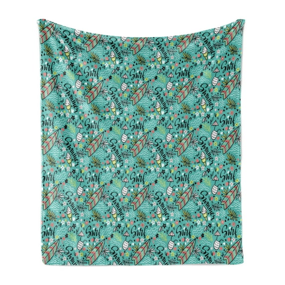 Surfboard Soft Flannel Fleece Blanket, Tropical Composition Cocktail Ice Cream Floral Elements and Lettering, Cozy Plush for Indoor and Outdoor Use, 70" x 90", Turquoise Multicolor, by Ambesonne