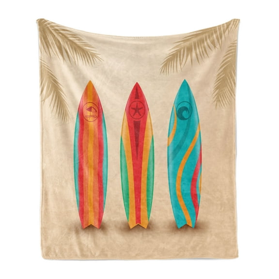 Surfboard Soft Flannel Fleece Blanket, Tropical Exotic Sandy Beach Sports Associated Colorful Surfing Objects, Cozy Plush for Indoor and Outdoor Use, 60" x 80", Champagne Multicolor, by Ambesonne
