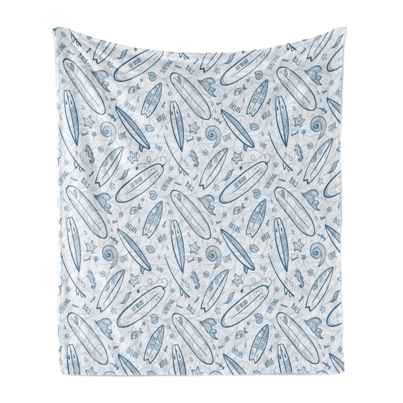 Surfboard Soft Flannel Fleece Throw Blanket, Doodle Surfing Boards Waves and Starfishes Hawaiian Summer, Cozy Plush for Indoor and Outdoor Use, 50" x 60", Petrol Blue Slate Blue, by Ambesonne