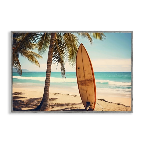 Stupell Industries Surfboard Standing Near Shore Gray Framed Giclee Art, design by LSR Design Studio, 20 x 30