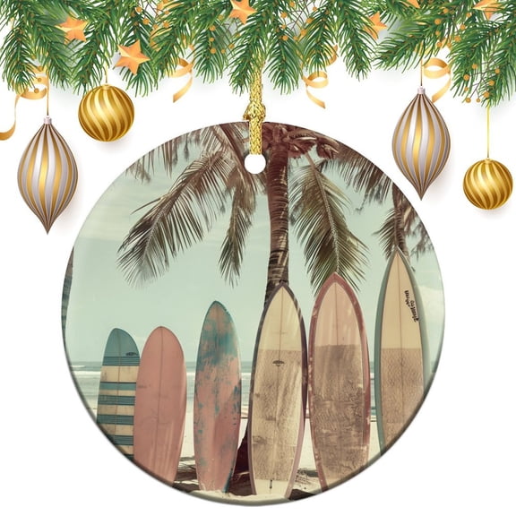 Surfboard on The Summer Beach Christmas Ornaments Exotic Summer Vacation Sport Vintage Style Custom 3" Ceramic 2024 Xmas Ornament Christmas Tree Gifts Gift Ideas for Home Decor
