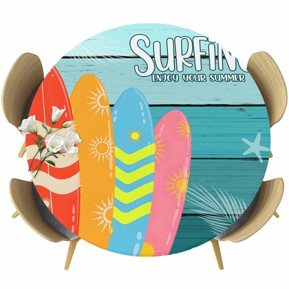 Surfboard Table Cloth, Round Fitted Tablecloths with Elastic Edge, Summer Starfish Palm Leaf Wood Grain Blue Wipeable Waterproof Table Cover for Kitchen Wedding 36-44 Inches
