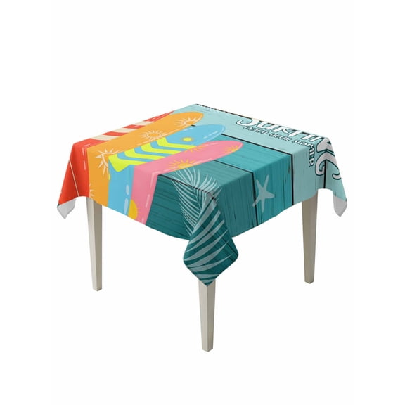 Surfboard Table Cloth, Summer Starfish Palm Leaf Wood Grain Blue Waterproof Tablecloth for Square Tables, Reusable Washable Fabric Table Cover for Restaurant Kitchen Dining Tables 54"x54"