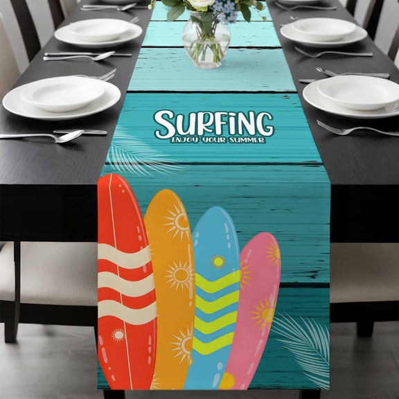 Surfboard Table Runner 36 Inches Long, Summer Starfish Palm Leaf Wood Grain Blue Kitchen Coffee Dining Table Decoration for Home Party Birthday Wedding Home Decor 13x36 Inches