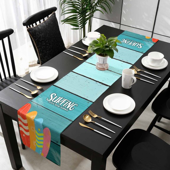 Surfboard Table Runner 36 Inches Small, Summer Starfish Palm Leaf Wood Grain Blue Kitchen Dining Burlap Linen Tablerunner for Small/Round/Square/Wedding/Coffee/Dining Table Party Home Décor 13 x 36