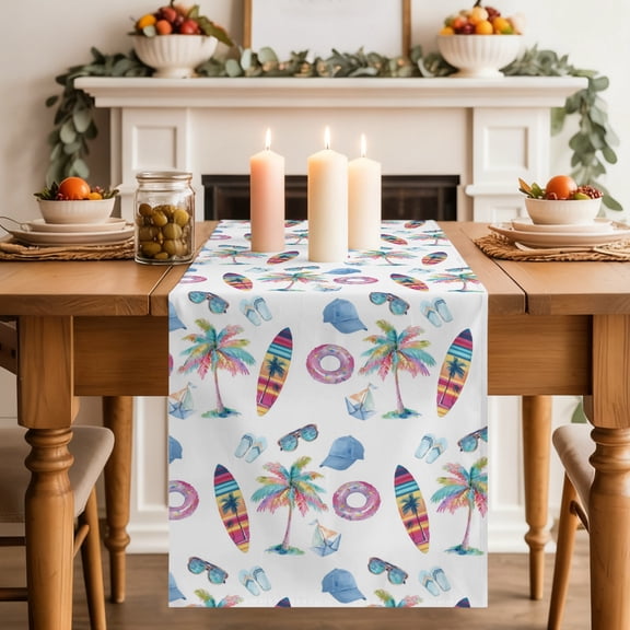 Surfboard Table Runner, Summer Tropical Coconut Tree Hat Swim Ring Glasses Coastal Washable Cotton-linen Table Runners Dining Kitchen Decoration for Everyday Home Wedding Party Decor, 13 x 36 Inch