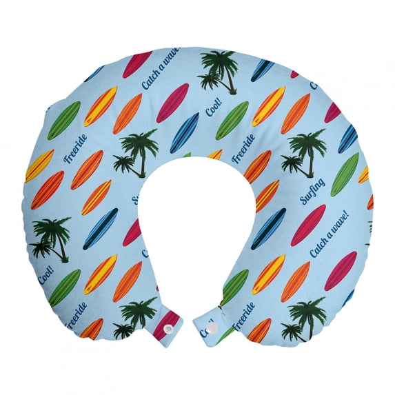 Surfboard Travel Pillow Neck Rest, Exotic Hawaii Vacation Palm Trees and Colorful Boards Water Sports Fun Activities, Memory Foam Traveling Accessory Airplane and Car, 12", Multicolor, by Ambesonne