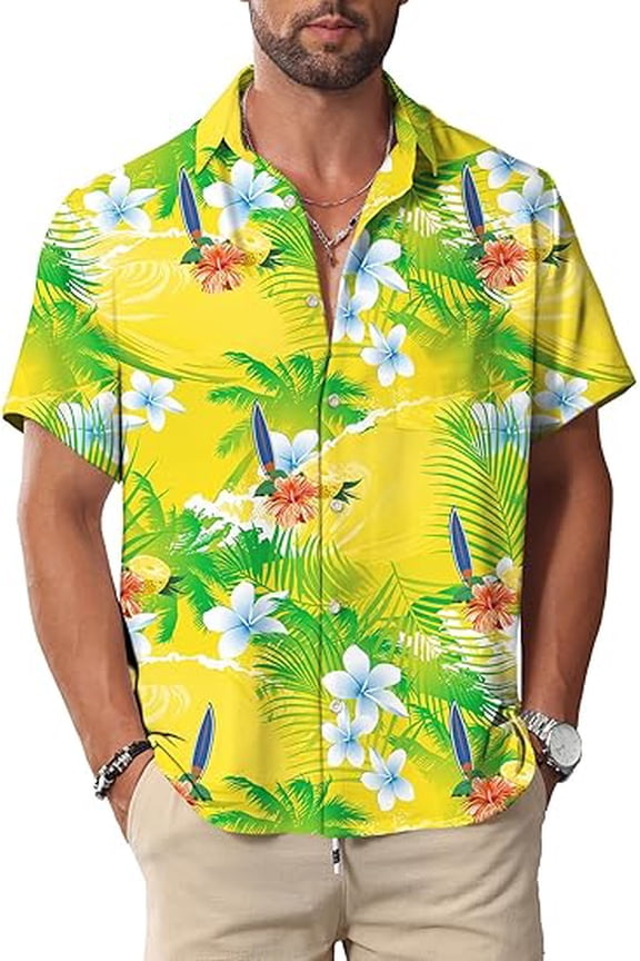Surfboard Tropical Floral Hawaiian Shirt Yellow Beach Vacation Mens Button Down Short Sleeve