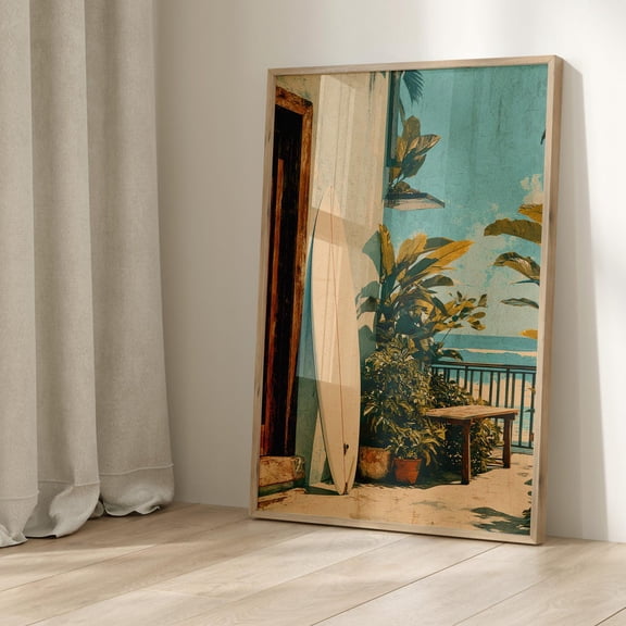 Surfboard Tropical Surf Boho Beachy Palm Leaf Coastal Surfer Graphic Poster Unframed Paper Print