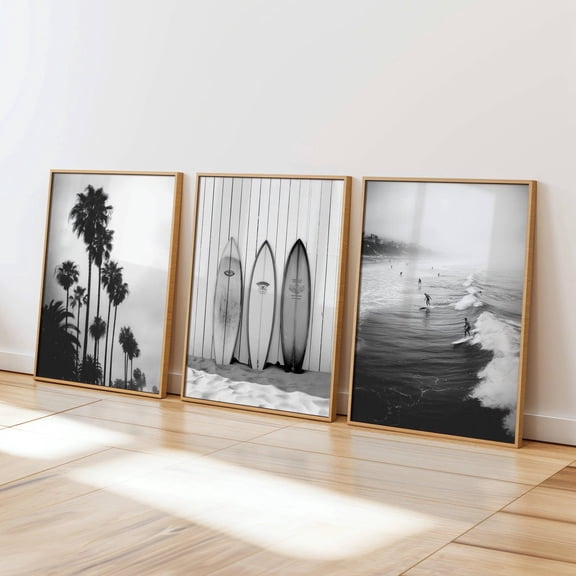 Surfboard Wall Art Black and White Surf Posters Retro Surf Photography California Set 3 Stretched Canvas 16x24