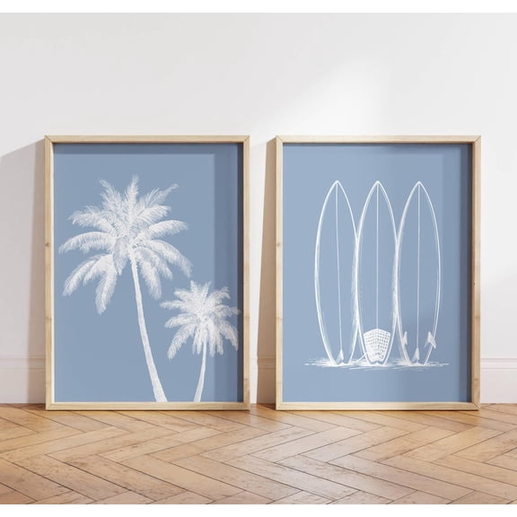 Surfboard Wall Art Blue Coastal Art Surfboards and Palm Tree Minimalist Preppy, Set 2, Poster Only