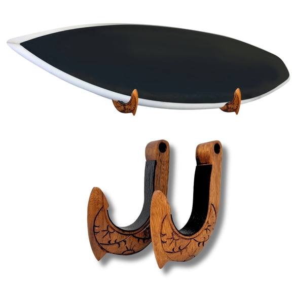 TRADER CAY Surfboard Wall Mount Rack – Set of 2 Hooks (2 Hooks Total), Hand-Carved Wooden Hawaiian Makau Design, Horizontal Surfboard Wall Display
