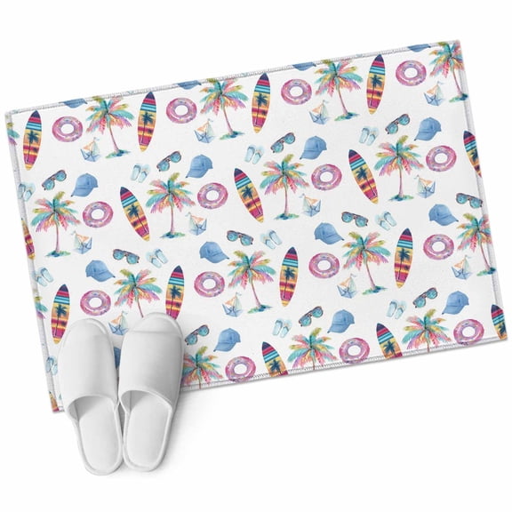 Surfboard Washable Small Entryway Area Rugs 2'x3', Summer Tropical Coconut Tree Hat Swim Ring Glasses Coastal Low Pile Throw Rug Non-Slip Sturdy Edge Binding Carpet for Front Door Floor Room Entry