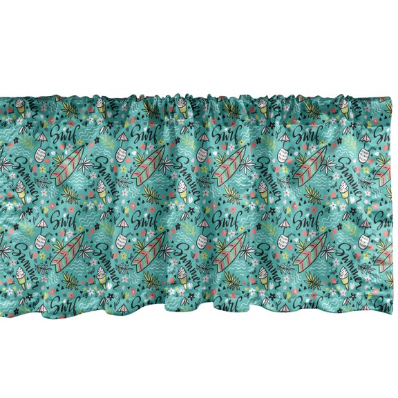 Surfboard Window Valance Pack of 2, Tropical Composition Cocktail Ice Cream Floral Elements and Lettering, Rod Pocket Curtain Valances Kitchen Bedroom, 54" X 12", Turquoise Multicolor, by Ambesonne