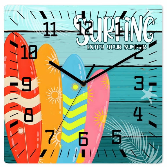Surfboard Wooden Wall Clock Silent Non Ticking, Summer Starfish Palm Leaf Wood Grain Blue Square Wall Clocks Battery Operated, Decor Clock for Home Office, Living Room, Kitchen, 12 Inch