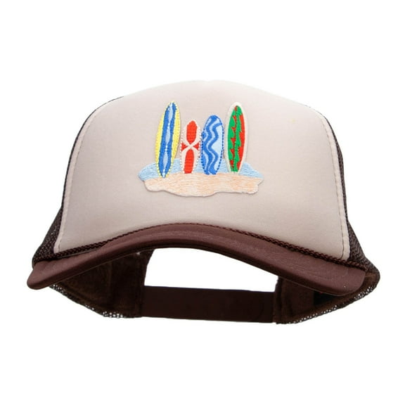Surfboard in Sands Patched Two Tone Polyester 5 Panel Foam Front Mesh Back Cap - Brown Tan OSFM