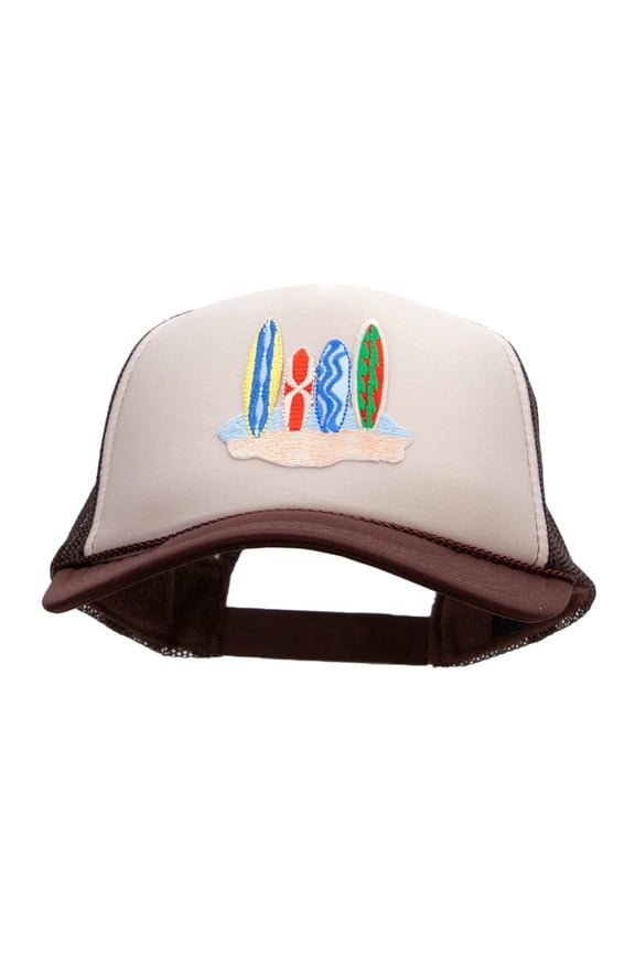 Surfboard in Sands Patched Two Tone Polyester 5 Panel Foam Front Mesh Back Cap - Brown Tan OSFM