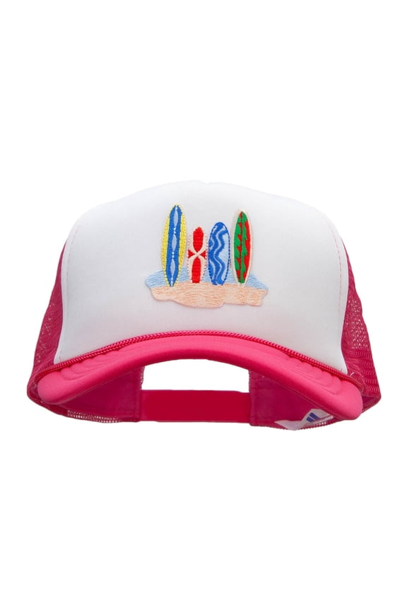 Surfboard in Sands Patched Two Tone Polyester 5 Panel Foam Front Mesh Back Cap - Pink White OSFM