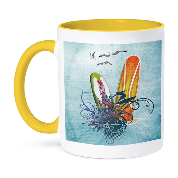 3dRose, Surfboards and tribal surfer, seagulls and accented art, 15oz Two-Tone Yellow Mug