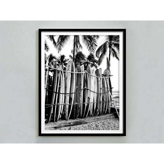 Surfboards In Hawaii Poster, Black And White, Vintage Print, Surfboard Wall Art, Beach House Decor, Beach Photography, Wall Decor ,Decor For Living Room Bedroom, 12x18 UNFRAMED