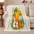 thumbnail image 1 of Surfboards with Hibiscus and Palm Sunrise, Bright Island Style for Beach Lovers, Teal Wave Tropical Scene and Birthday Gift, Cozy Flannel Blanket for Bedroom and Sunroom, Coastal Home Decor, 1 of 9