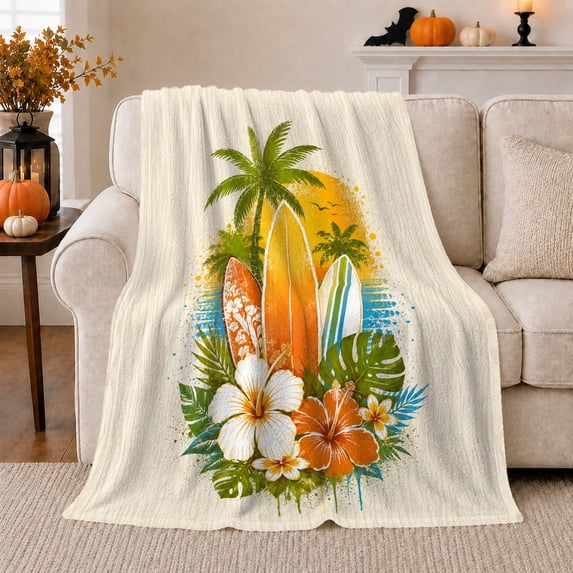 Surfboards with Hibiscus and Palm Sunrise, Bright Island Style for Beach Lovers, Teal Wave Tropical Scene and Birthday Gift, Cozy Flannel Blanket for Bedroom and Sunroom, Coastal Home Decor