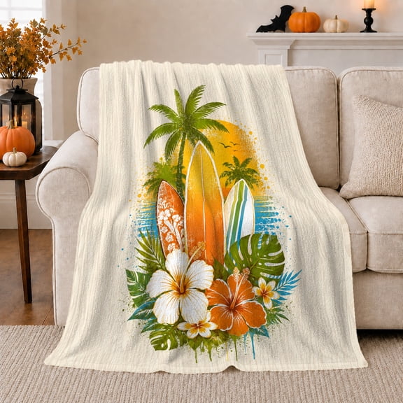 Surfboards with Hibiscus and Palm Sunrise, Bright Island Style for Beach Lovers, Teal Wave Tropical Scene and Birthday Gift, Cozy Flannel Blanket for Bedroom and Sunroom, Coastal Home Decor