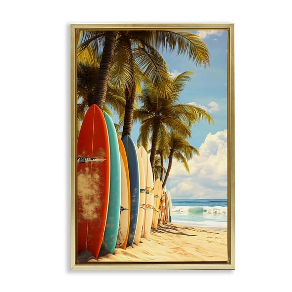 Stupell Industries Surfboards In Line with Palms Gold Framed Floater Canvas Wall Art, design by LSR Design Studio, 31 x 21