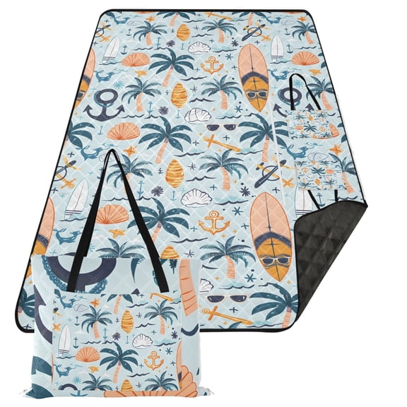 Surfboards Palm Trees Anchors Extra Large Picnic Beach Blanket Waterproof Sand Proof Portable Outdoor Mat 80x118