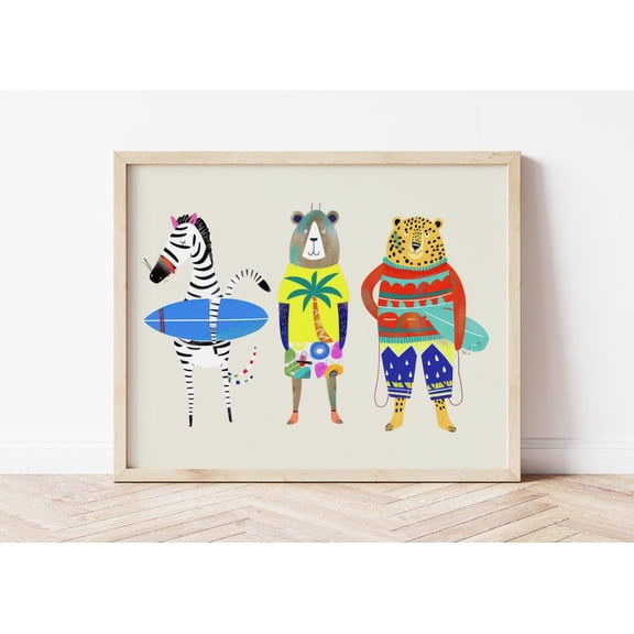 Surfer Animals Nursery Poster: Tropical Beach Art, Stretched Canvas Size 12x18