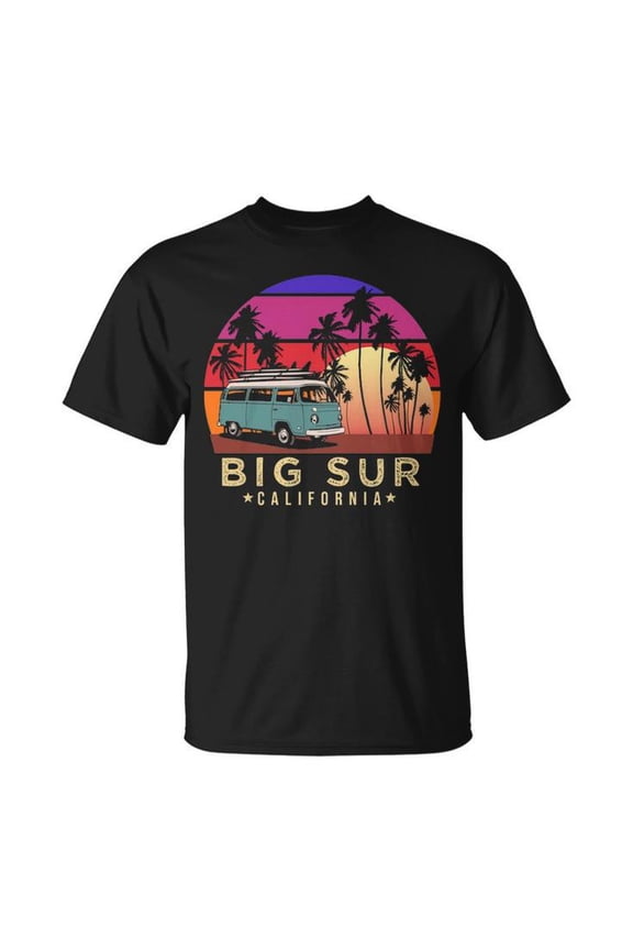 Surfer Big Sur California Vintage Van Graphic Tee Unisex Adult Cotton Retro Surfing Design T-Shirt for Beach Lovers Travel Outdoor Casual Wear, Size S, Color Black