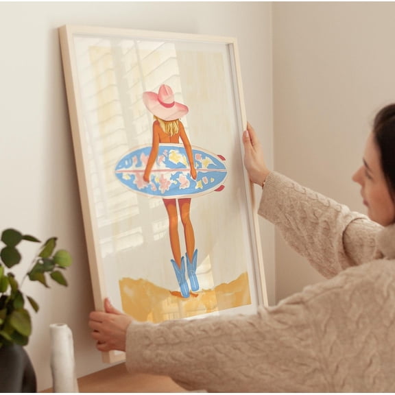 Surfer Cowgirl Art Poster Retro Western Summer Decor , Coastal Blonde Cowgirl Poster, Unframed Poster Size 24x36 F03.1.19l400