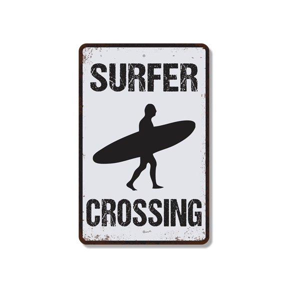 Surfer Crossing 13 Inch x 20 Inch Novelty Plastic Sign Watch For Boards Durable Weatherproof UV Protected Perfect for Beach Houses Garages Driveways Fun Gift for Surfers Beach Bums